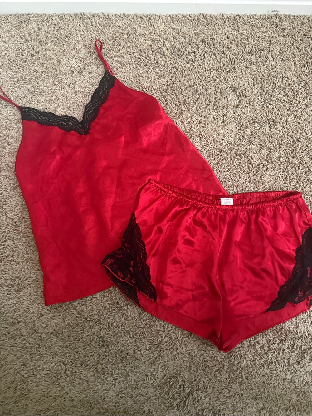 Sexy Red Satin Lace-Trim Cami Tank Top & Short Sleep/PJ/Pajama/Lounge Set